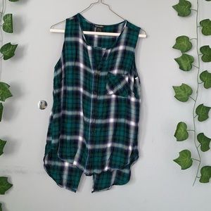 Flannel style Button up Tank Top with Slit in Back